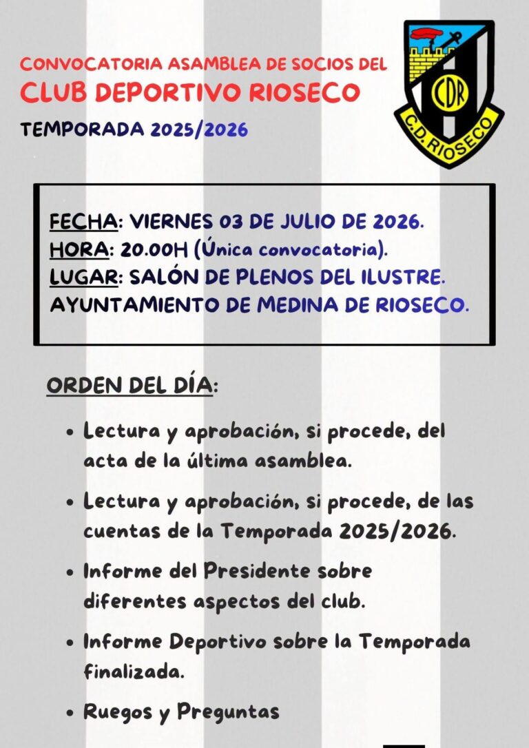 El Club Deportivo Rioseco convoca la Asamblea General de Socios de la temporada 2025/2026